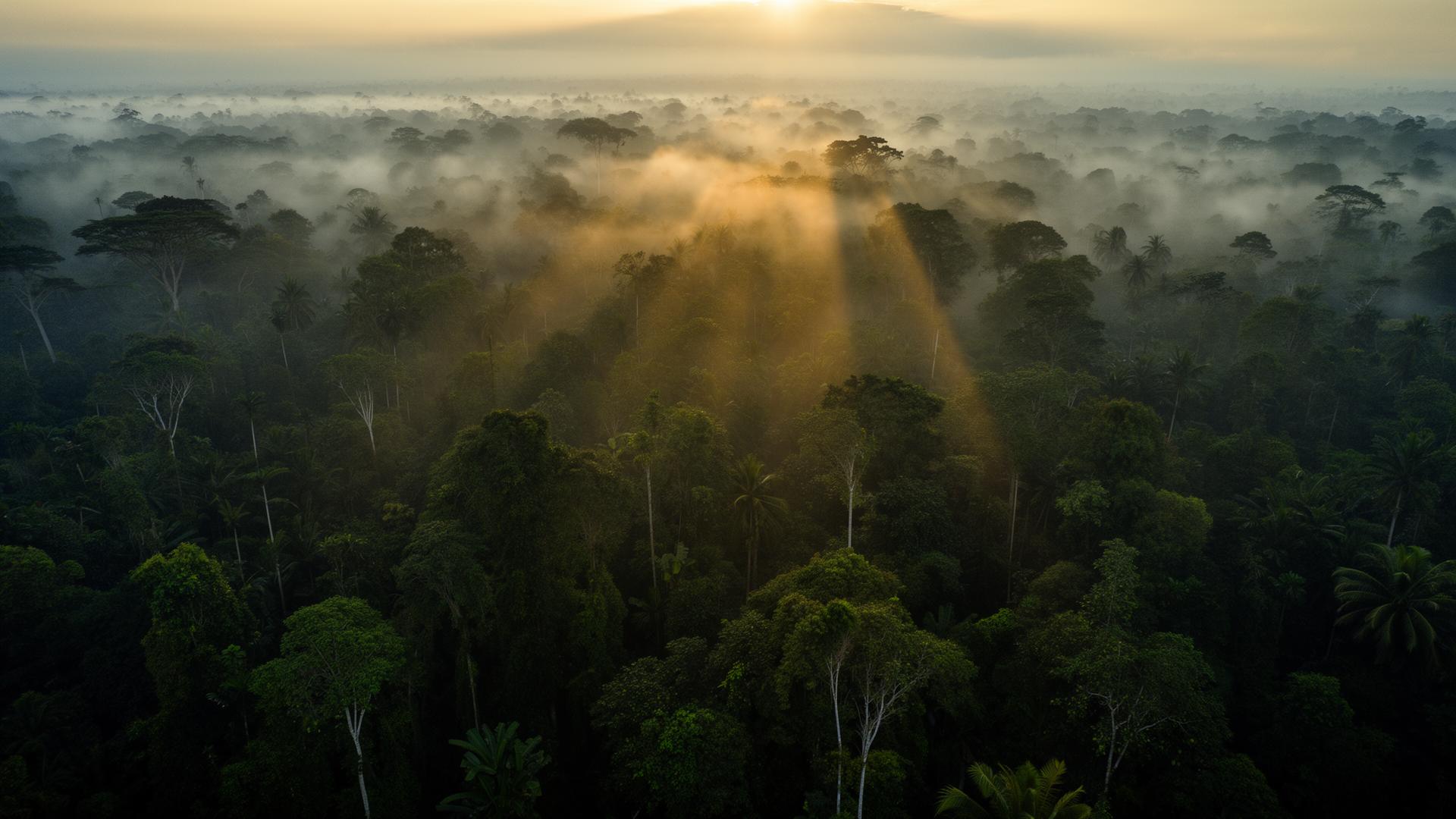 Floresta nublada ao amanhecer